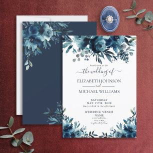Convite Casamento de Script Floral Azul-Marinho Russo