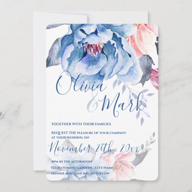Convite Casamento de Script Floral Blue Watercolor (Frente)