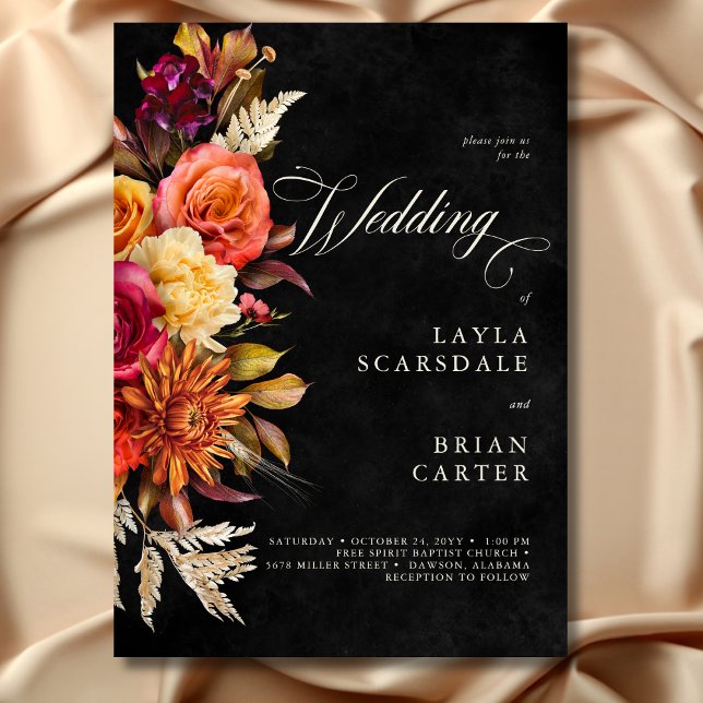 Convite Casamento de Script Floral Boho Boho Negra Elegant (Elegant Black Vibrant Boho Floral Script Wedding Invitation)