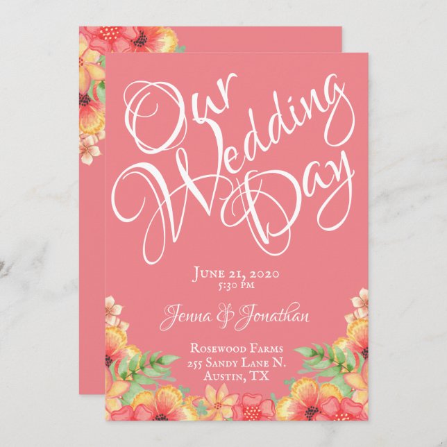 Convite Casamento de Script Floral bonito Coral Peach (Frente/Verso)