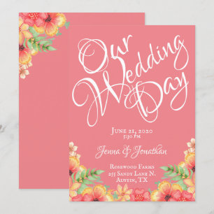 Convite Casamento de Script Floral bonito Coral Peach