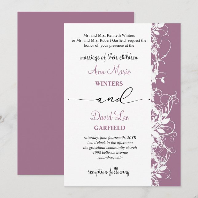 Convite Casamento de Script Floral Branco Elegante e Moder (Frente/Verso)