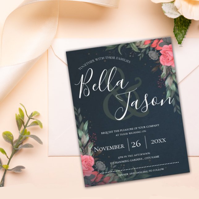 Convite Casamento de Script Floral da Cinza Laranja Elegan (Criador carregado)