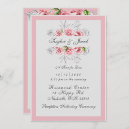 Convite Casamento de Script Floral de Cinza Rosa Elegante