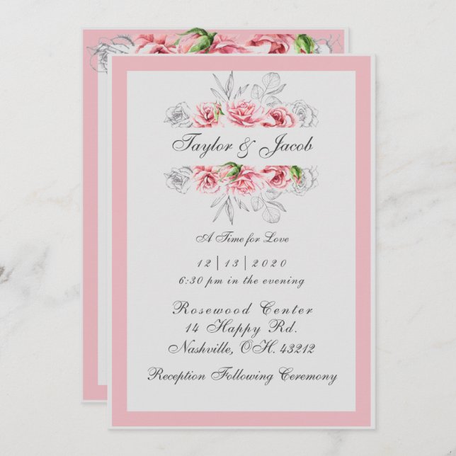 Convite Casamento de Script Floral de Cinza Rosa Elegante (Frente/Verso)
