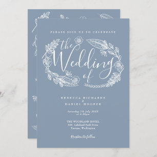 Convite Casamento de Script Floral de Dusty Blue Rustic, d