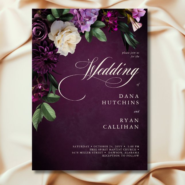 Convite Casamento de Script Floral de Lavanda e Borgonha (Elegant Lavender & Burgundy Floral Script Wedding)