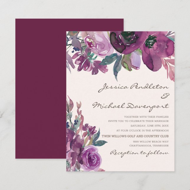 Convite Casamento de Script Floral de Roxo Púrpura de Lila (Frente/Verso)