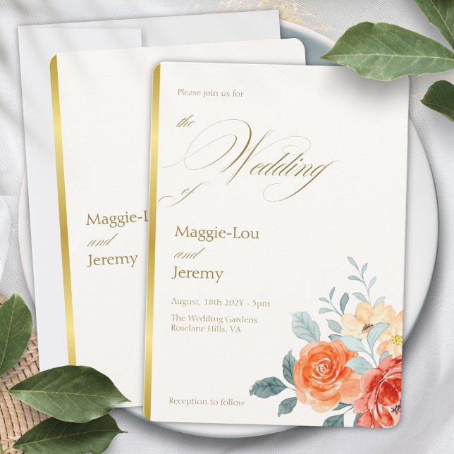 Convite Casamento de Script Floral Dourado Elegante (Criador carregado)