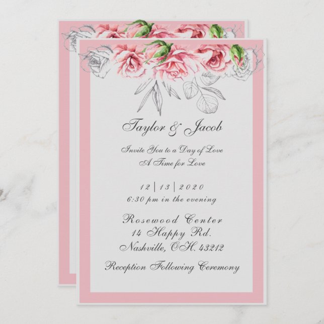 Convite Casamento de Script Floral Elegante Rosa e Cinza (Frente/Verso)