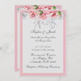 Convite Casamento de Script Floral Elegante Rosa e Cinza