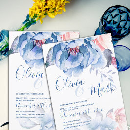 Convite Casamento de Script Floral Floral Azul Pêssego de 