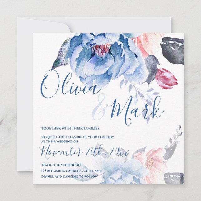 Convite Casamento de Script Floral Floral Azul Pêssego de  (Frente)