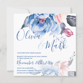 Convite Casamento de Script Floral Floral Azul Pêssego de 
