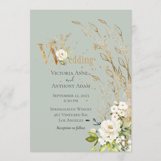 Convite Casamento de Script Floral Floral Verde Elegante (Frente)
