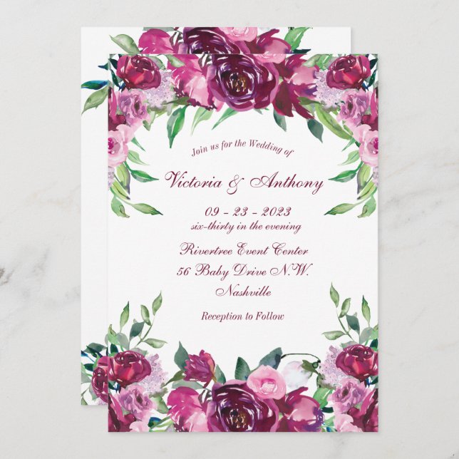 Convite Casamento de Script Floral Rosa Elegante (Frente/Verso)