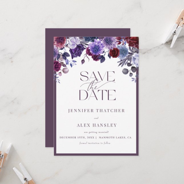 Convite Casamento de Script Floral Roxo Salve a Data (Frente/Verso In Situ)