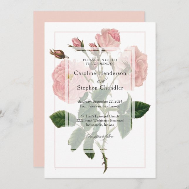 Convite Casamento de Script Floral Suave Rosa Botânica Ele (Frente/Verso)