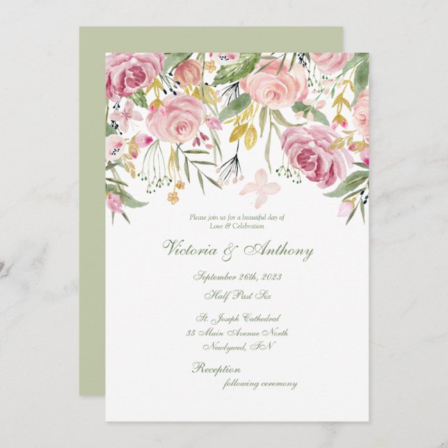 Convite Casamento de Script Floral Verde Elegante Sage (Frente/Verso)