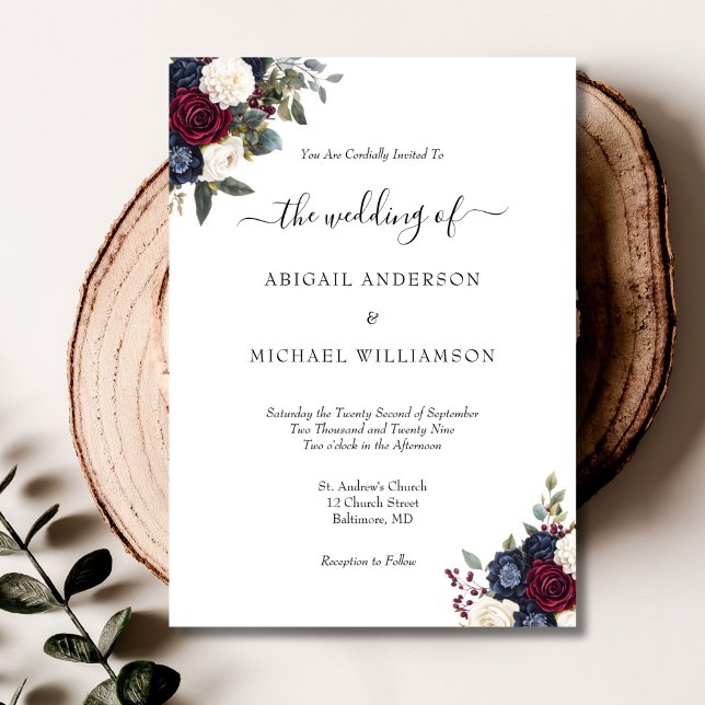 Convite Casamento de Script Formal Elegante Floral Elegant (Burgundy Navy Floral Elegant Traditional Script font Wedding Invitation)