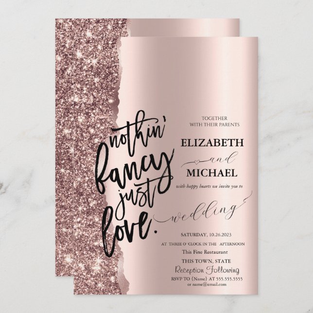 Convite Casamento de Script Glitter Dourado Elegante Rosa (Frente/Verso)