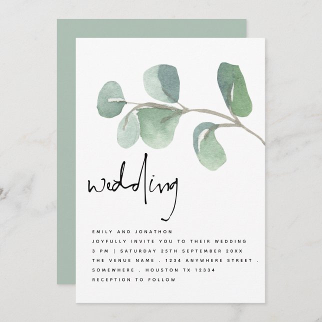 Convite Casamento de Script Informal Eucalyptus Watercolor (Frente/Verso)