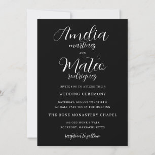 Convite Casamento de Script Minimalista Branco Negro