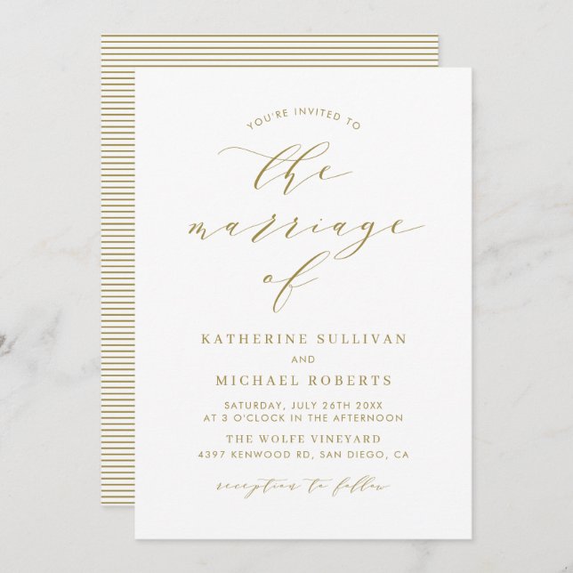 Convite Casamento de Script Minimalista Dourado (Frente/Verso)