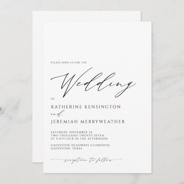 Convite Casamento de Script Minimalista Sofisticado Modern (Frente/Verso)