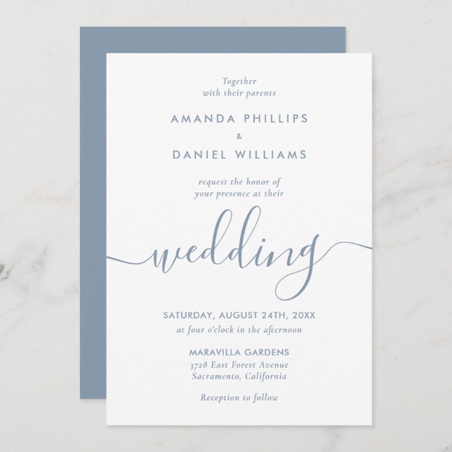 Convite Casamento de Script Moderno Azul Dusty Elegante Si (Frente/Verso)