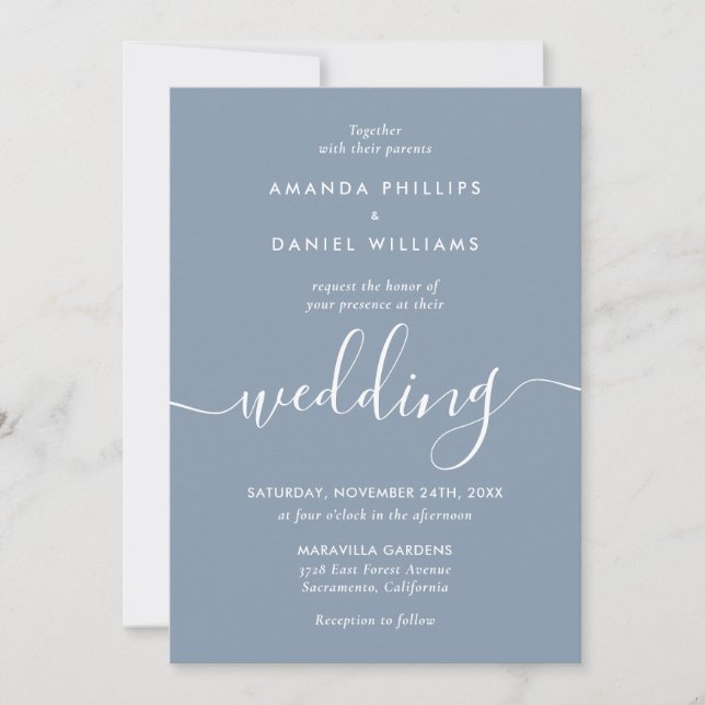 Convite Casamento de Script Moderno Azul Elegante (Frente)