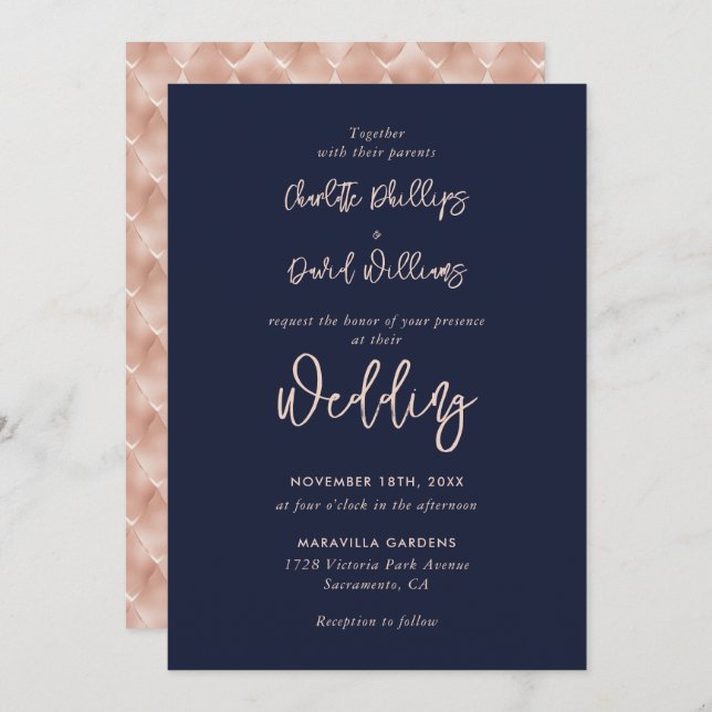 Convite Casamento de Script Moderno Azul, Marinho Dourado, (Frente/Verso)