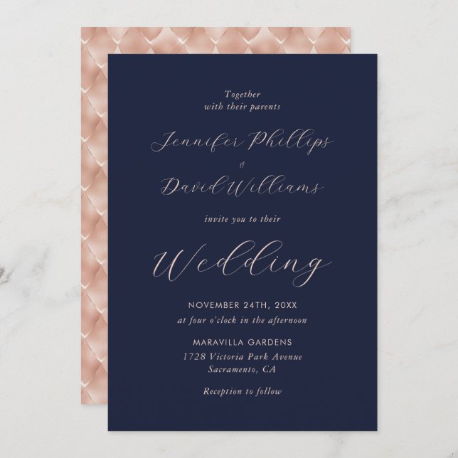 Convite Casamento de Script Moderno Azul, Marinho Dourado  (Frente/Verso)