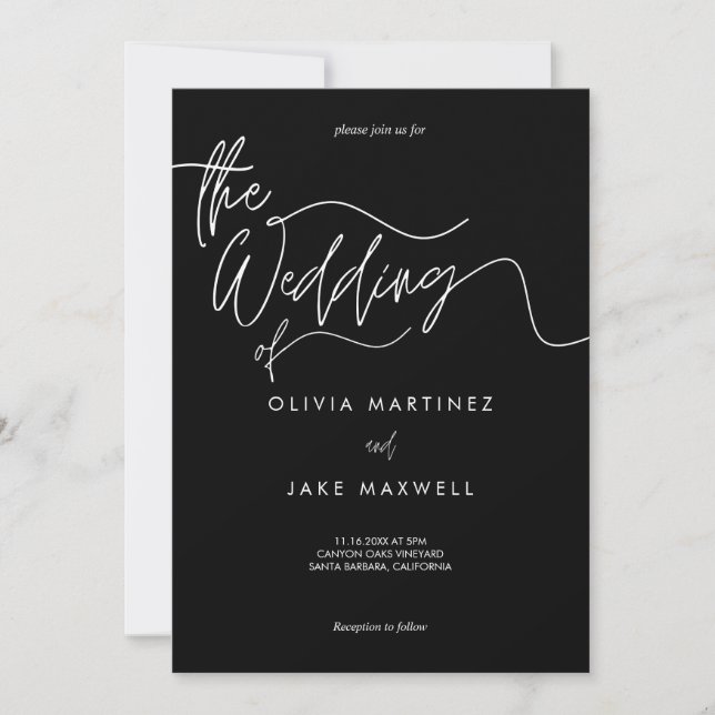 Convite Casamento de Script Moderno Branco e Preto Chic (Frente)