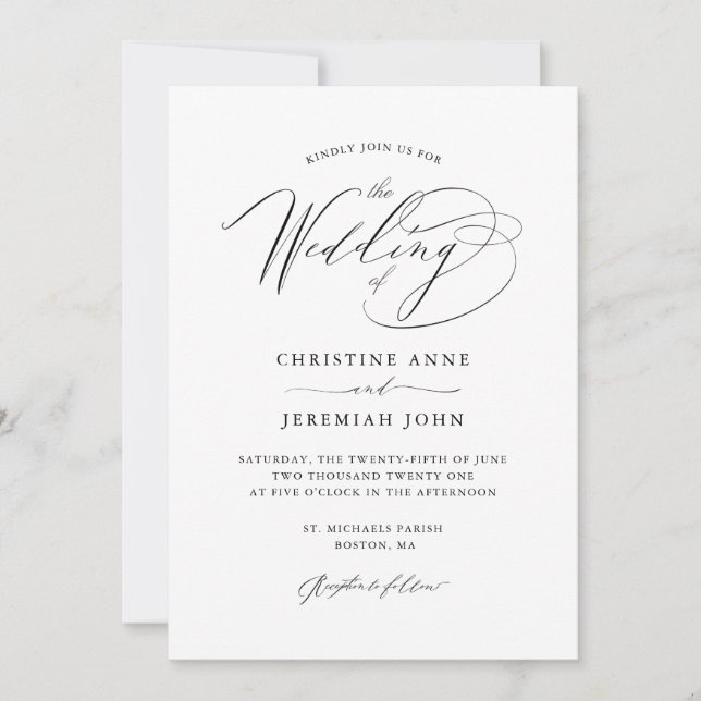 Convite Casamento de Script Moderno Branco Negro Simples (Frente)