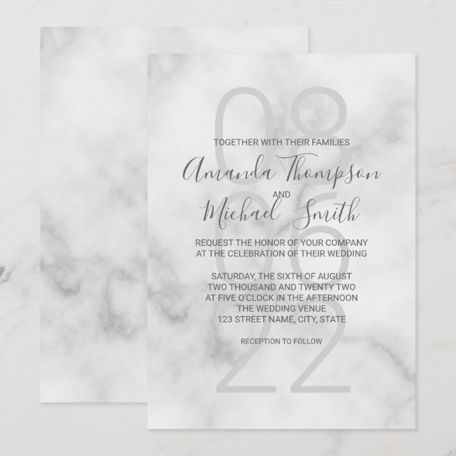 Convite Casamento de Script Moderno Clássico Marble (Frente/Verso)