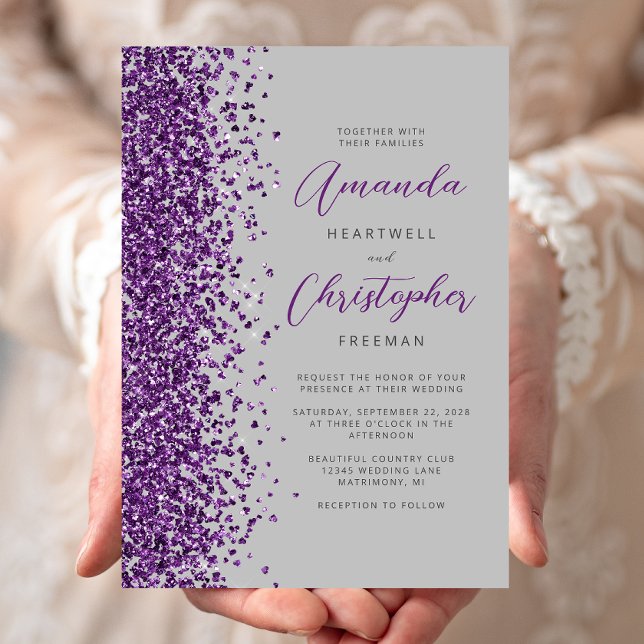 Convite Casamento de Script Moderno da Cinza Roxa Glitter (Criador carregado)