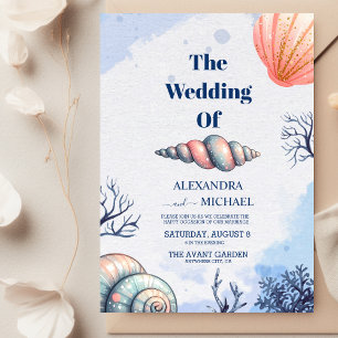 Convite Casamento de Script Moderno Elegant Beach Seashell
