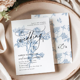 Convite Casamento de Script Moderno Floral Azul Vintage