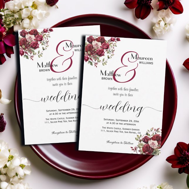 Convite Casamento de Script Moderno Floral da Burgundy (Criador carregado)