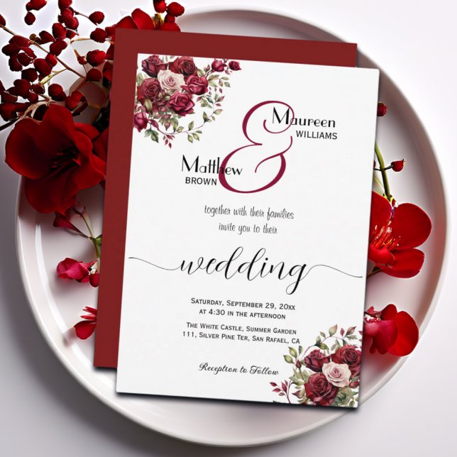 Convite Casamento de Script Moderno Floral da Burgundy (Criador carregado)