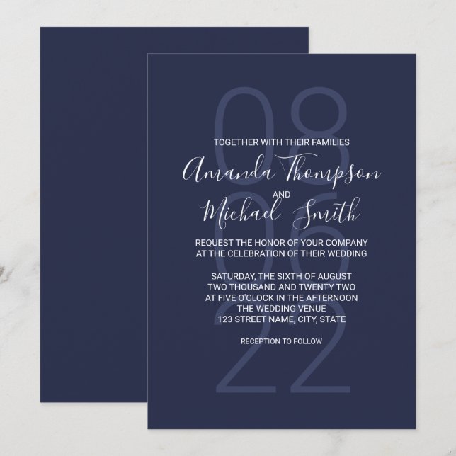 Convite Casamento de Script Moderno marinho Azul (Frente/Verso)