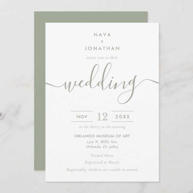 Convite Casamento de Script Moderno Minimalista Sage Green (Frente/Verso)