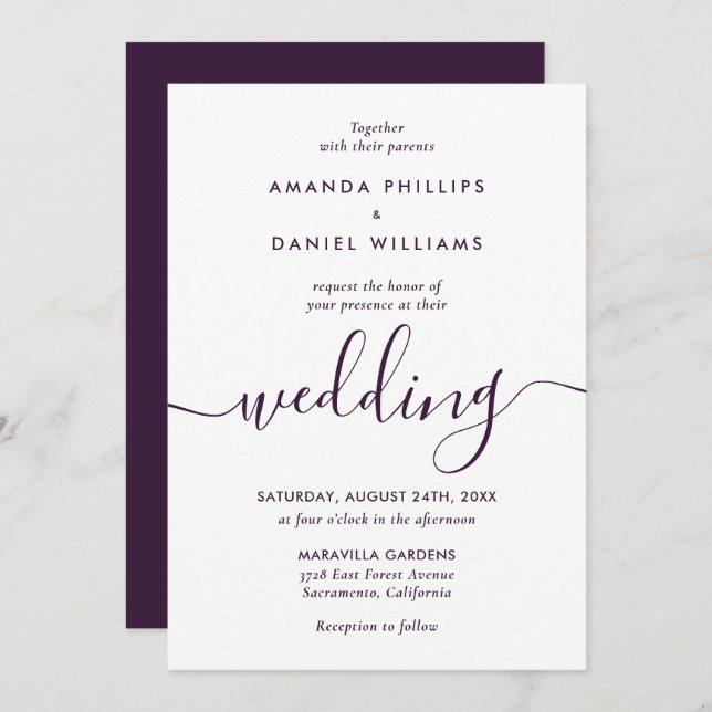 Convite Casamento de Script Moderno Roxo Elegante Simples (Frente/Verso)