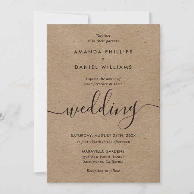 Convite Casamento de Script Moderno Rustic Kraft Paper (Frente)