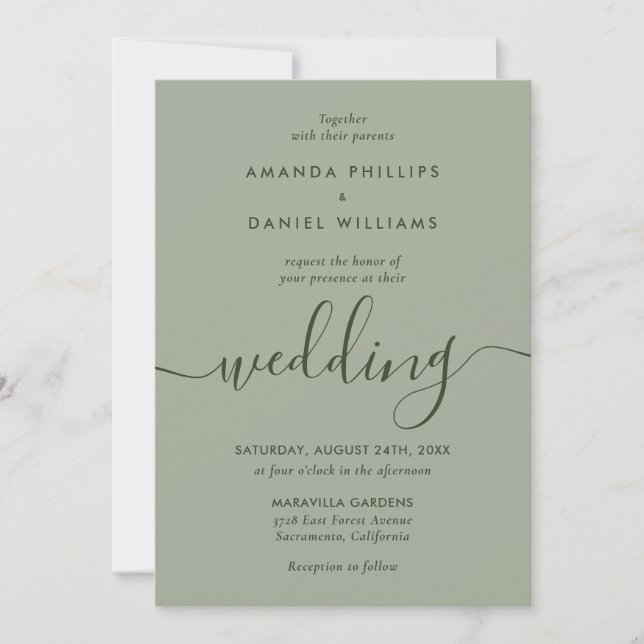 Convite Casamento de Script Moderno Verde Elegante Sage (Frente)