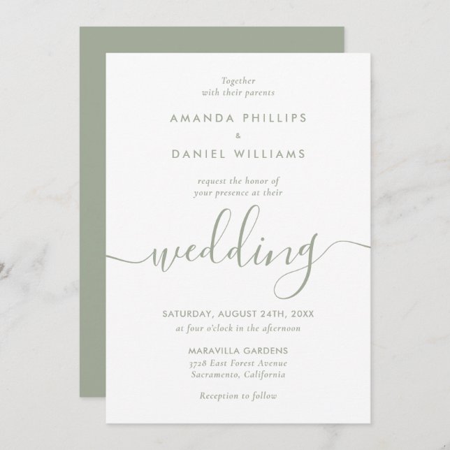 Convite Casamento de Script Moderno Verde Sage Elegante (Frente/Verso)