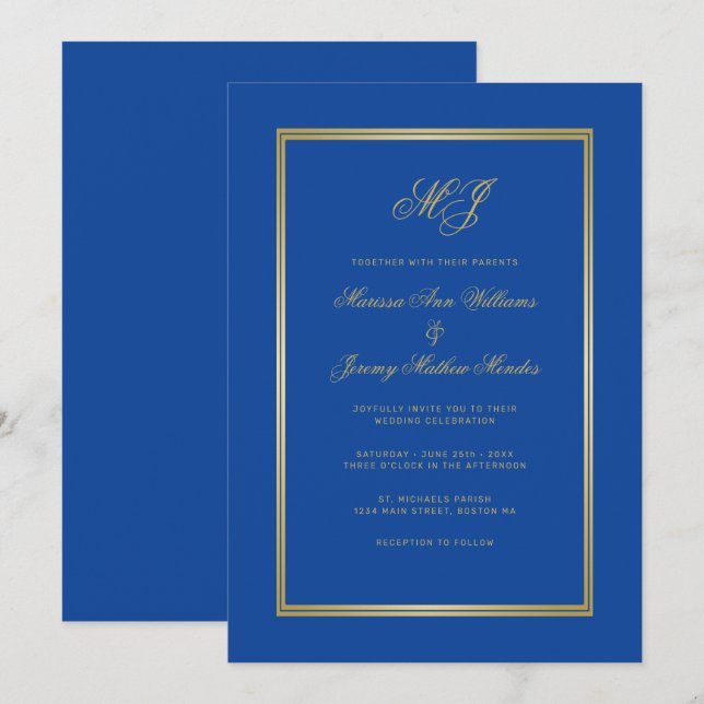 Convite Casamento de Script Monograma Dourado Azul Elegant (Frente/Verso)
