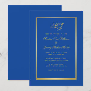 Convite Casamento de Script Monograma Dourado Azul Elegant