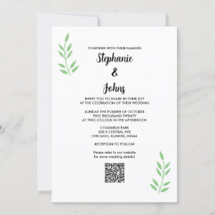 Convite Casamento de Script Preto com Folha Verde de Sage 